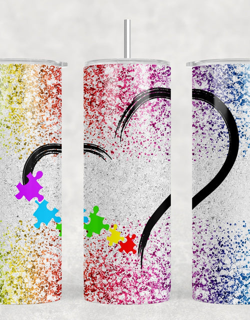 Load image into Gallery viewer, Autism Awareness Heart - 20 oz Steel Skinny Tumbler - Optional Blue Tooth Speaker - Speaker Color will Vary by Rowdy Ridge Co
