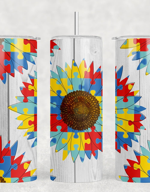 Load image into Gallery viewer, Autism Awareness Sunflower - 20 oz Steel Skinny Tumbler - Optional Blue Tooth Speaker - Speaker Color will Vary by Rowdy Ridge Co
