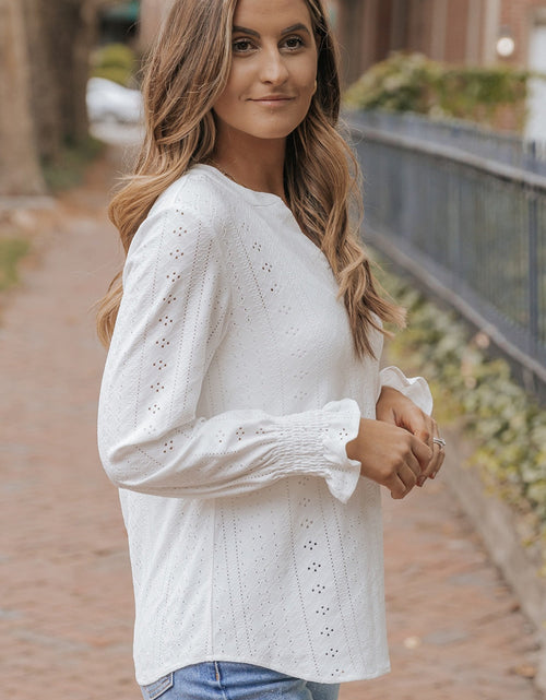 Load image into Gallery viewer, Openwork Notched Flounce Sleeve Blouse
