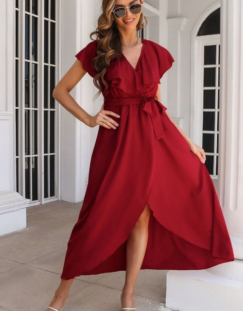 Load image into Gallery viewer, Tied Front Ruffled Short Sleeve Midi Dress
