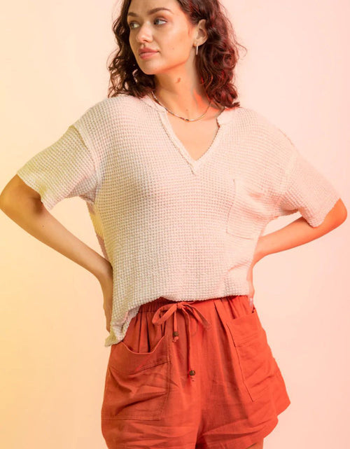 Load image into Gallery viewer, Waffle-Knit Notched Half Sleeve T-Shirt
