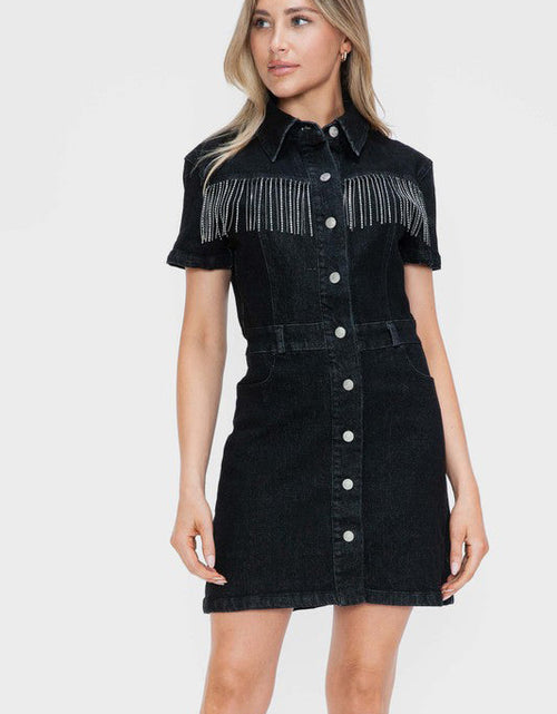Load image into Gallery viewer, bytos Full Size Embellished Button Down Short Sleeve Denim Dress
