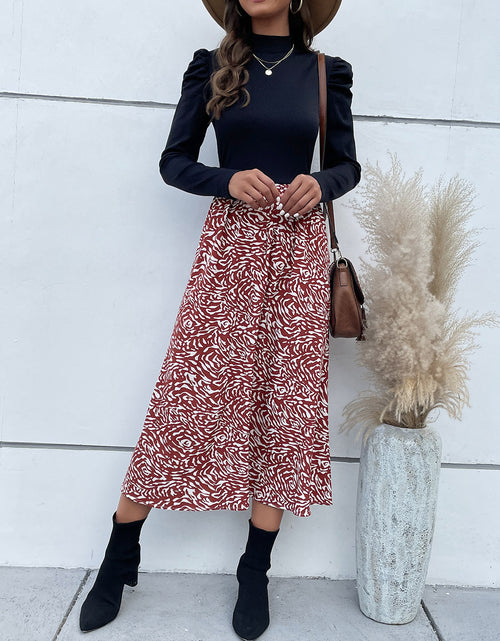 Load image into Gallery viewer, Perfee Printed Mock Neck Puff Sleeve Midi Dress
