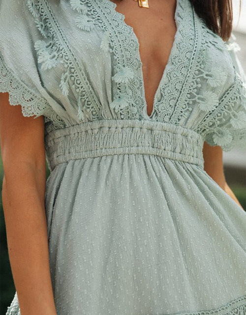 Load image into Gallery viewer, Lace Detail Plunge Short Sleeve Mini Dress
