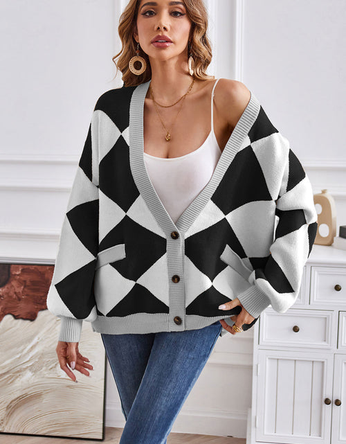 Load image into Gallery viewer, Geometric Lantern Sleeve Cardigan with Pockets
