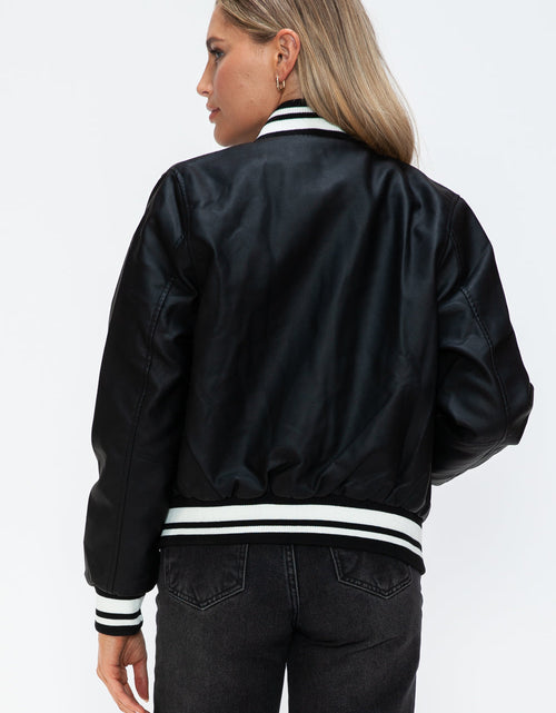 Load image into Gallery viewer, Love Me Now PU Leather Contrast Snap Down Bomber Jacket
