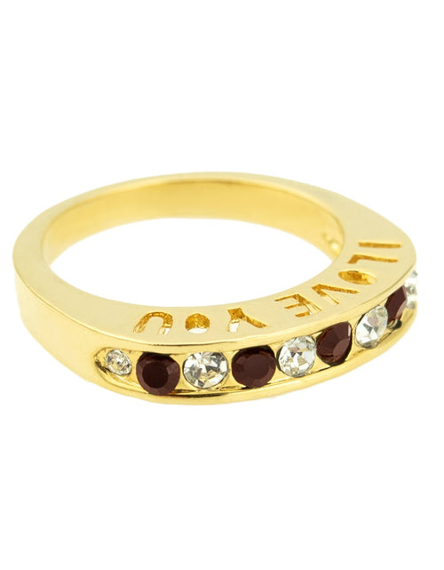 Load image into Gallery viewer, Vintage 1980s I Love You Ring Band Ring Garnet and Clear Austrian Crystals Imported by PVD Vintage Jewelry
