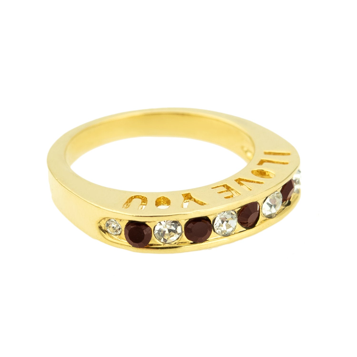 Vintage 1980s I Love You Ring Band Ring Garnet and Clear Austrian Crystals Imported by PVD Vintage Jewelry