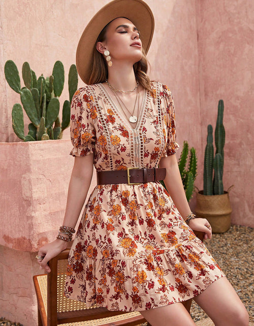 Load image into Gallery viewer, Floral V-Neck Flounce Sleeve Ruffle Hem Dress
