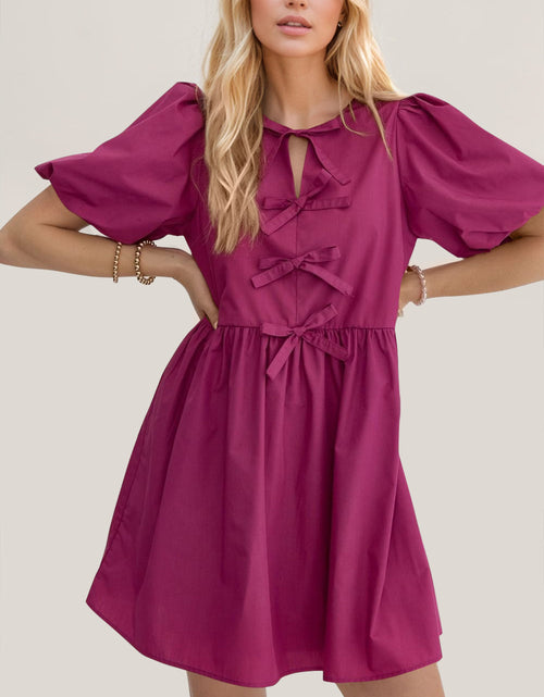 Load image into Gallery viewer, Oh Bow Ruched Puff Sleeve Mini Dress
