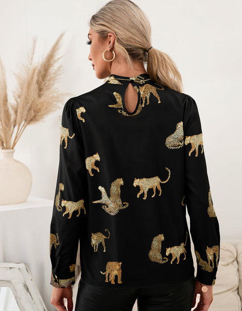 Load image into Gallery viewer, Ivy Lane Leopard Graphic Mock Neck Puff Sleeve Blouse
