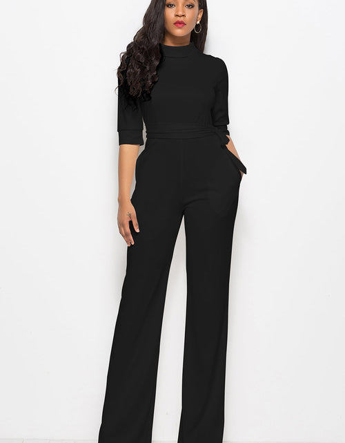 Load image into Gallery viewer, Mock Neck Tie-Waist Half Sleeve Jumpsuit
