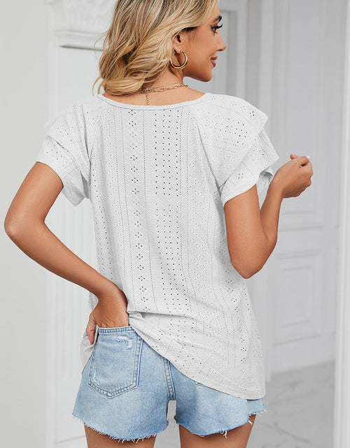 Load image into Gallery viewer, Eyelet V-Neck Short Sleeve T-Shirt
