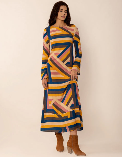 Load image into Gallery viewer, Contrast Round Neck Flare Sleeve Midi Dress
