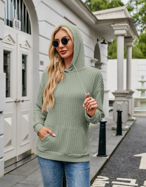 Load image into Gallery viewer, Ribbed Drawstring Long Sleeve Hoodie
