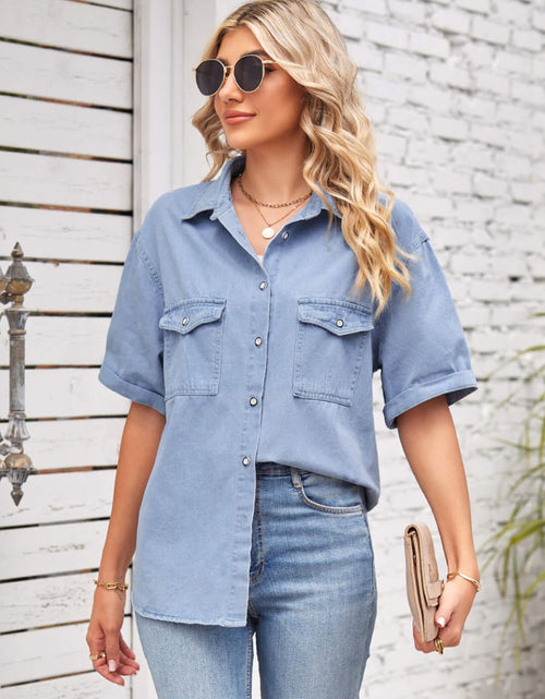 Load image into Gallery viewer, Collared Neck Short Sleeve Denim Jacket
