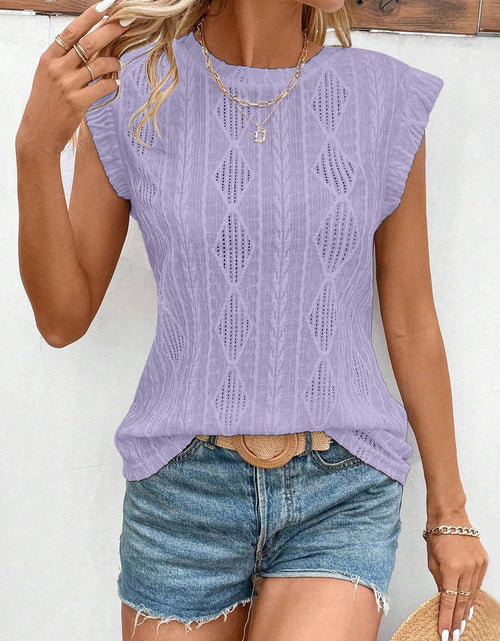 Load image into Gallery viewer, Openwork Round Neck Cap Sleeve Top
