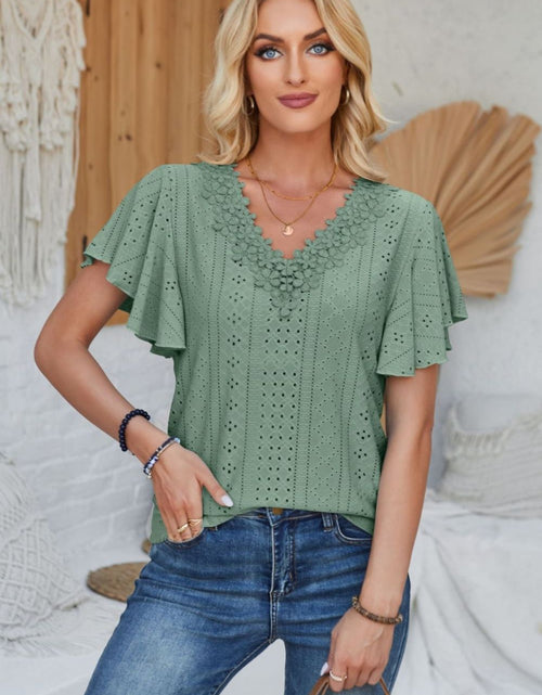 Load image into Gallery viewer, Eyelet Applique V-Neck Cap Sleeve T-Shirt
