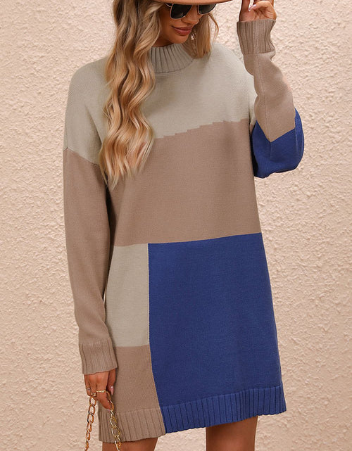 Load image into Gallery viewer, Color Block Mock Neck Dropped Shoulder Sweater Dress

