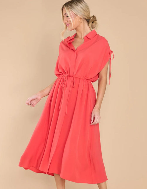 Load image into Gallery viewer, Drawstring Collared Neck Short Sleeve Midi Dress

