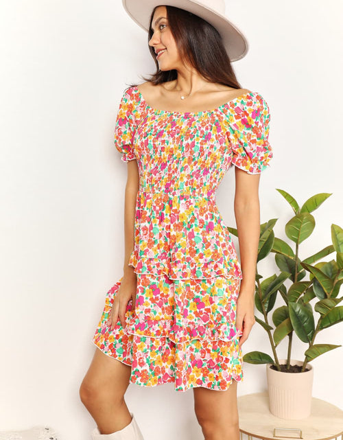 Load image into Gallery viewer, Devine Smocked Sweetheart Neck Flounce Sleeve Mini Dress
