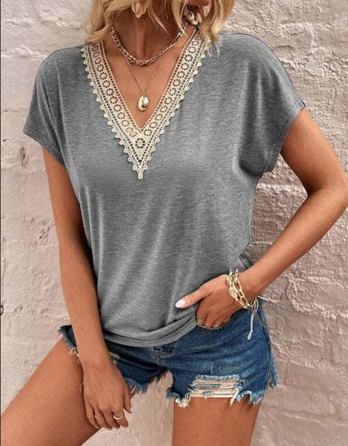 Load image into Gallery viewer, Full Size Lace Detail V-Neck Short Sleeve T-Shirt
