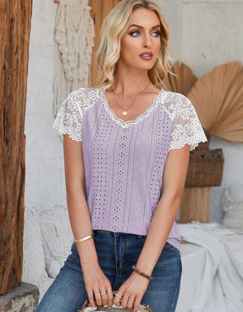 Load image into Gallery viewer, Eyelet V-Neck Lace Short Sleeve T-Shirt

