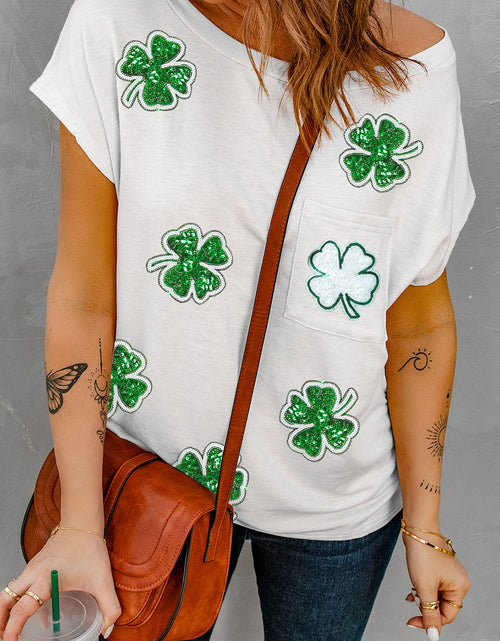 Load image into Gallery viewer, Sequin Lucky Clover Boat Neck T-Shirt
