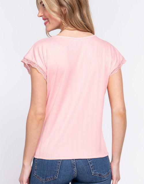 Load image into Gallery viewer, ACTIVE BASIC Lace Trim V-Neck Short Sleeve Ribbed Top
