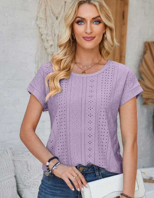 Load image into Gallery viewer, Eyelet Round Neck Rolled Short Sleeve T-Shirt
