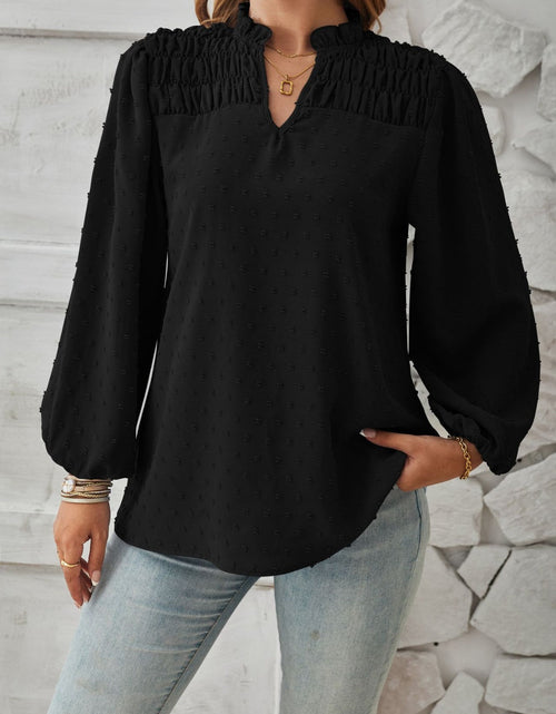 Load image into Gallery viewer, Ruched Swiss Dot Notched Balloon Sleeve T-Shirt
