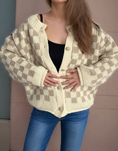 Load image into Gallery viewer, Checkered Button Up Round Neck Cardigan
