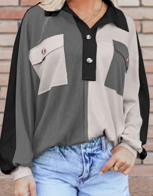 Load image into Gallery viewer, Color Block Collared Neck Long Sleeve Sweatshirt
