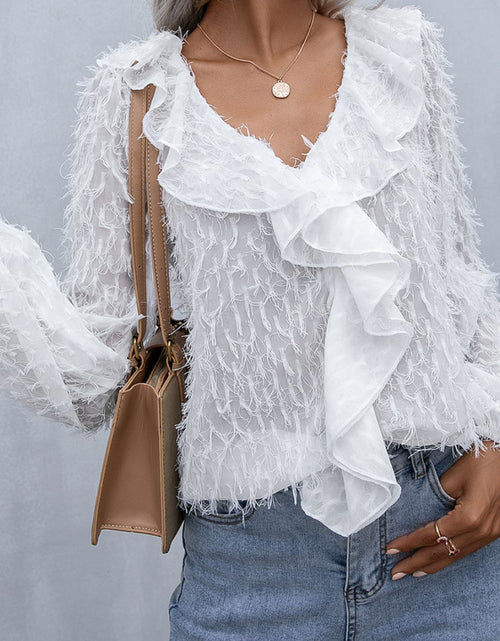 Load image into Gallery viewer, Ivy Lane Ruffle Hem Fringe V-Neck Balloon Sleeve Blouse
