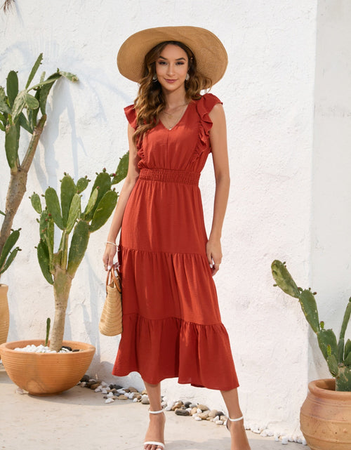 Load image into Gallery viewer, Tiered Ruffled V-Neck Cap Sleeve Dress
