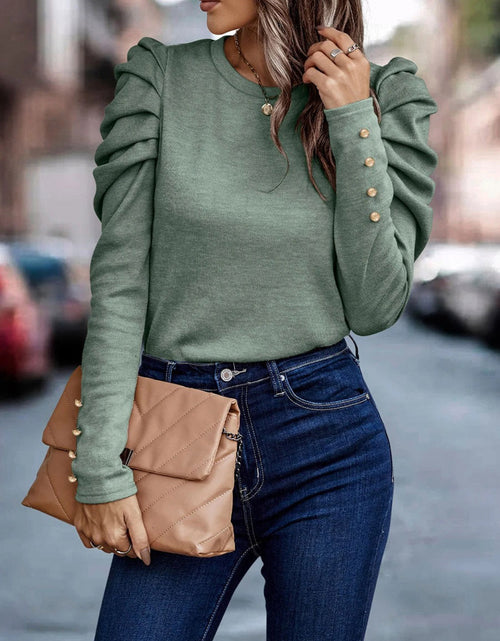 Load image into Gallery viewer, Decorative Button Puff Sleeve T-Shirt
