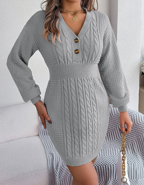 Load image into Gallery viewer, Buttoned Cable-Knit V-Neck Sweater Dress
