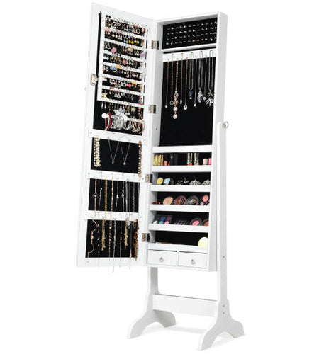 Lockable Mirrored Jewelry Cabinet Armoire Storage Organizer Box-White