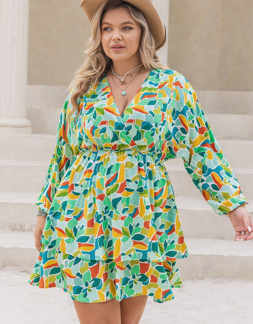 Load image into Gallery viewer, Plus Size Printed Surplice Long Sleeve Mini Dress
