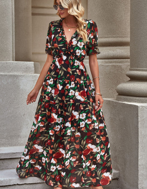 Load image into Gallery viewer, Floral V-Neck Short Flounce Sleeve Dress
