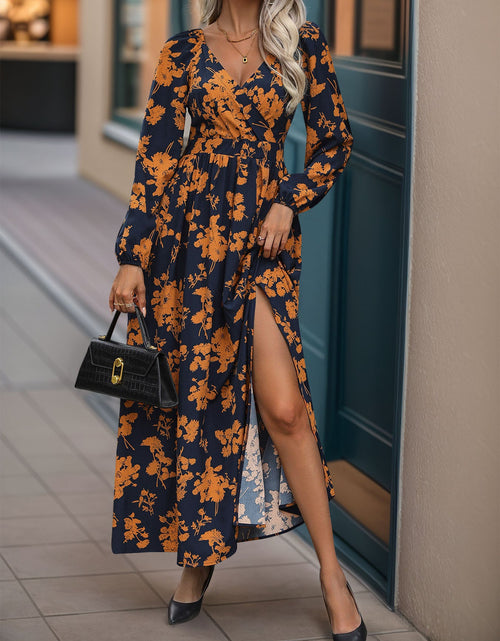 Load image into Gallery viewer, Perfee Split Printed Surplice Long Sleeve Midi Dress
