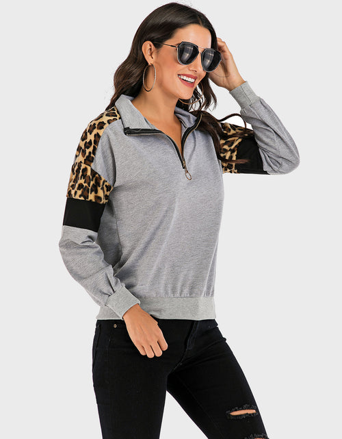 Load image into Gallery viewer, Perfee Contrast Leopard Half Zip Long Sleeve Sweatshirt

