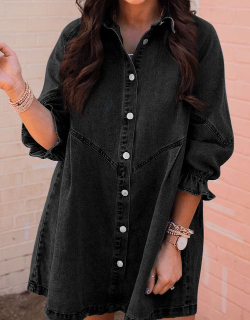 Load image into Gallery viewer, Distressed Collared Neck Flounce Sleeve Denim Dress
