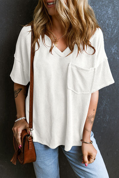 Load image into Gallery viewer, Textured V-Neck Dropped Shoulder T-Shirt
