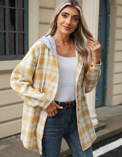 Load image into Gallery viewer, Drawstring Plaid Button Up Hooded Jacket
