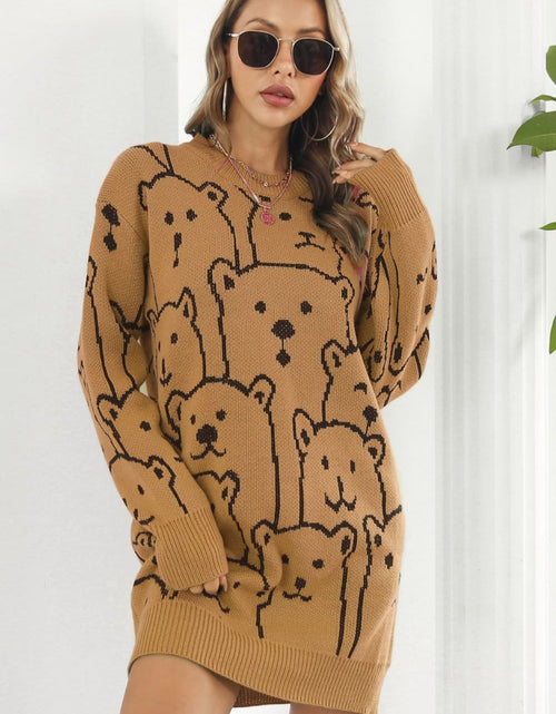 Load image into Gallery viewer, Bear Pattern Round Neck Sweater Dress
