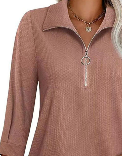 Load image into Gallery viewer, Half Zip Collared Neck Three-Quarter Sleeve T-Shirt
