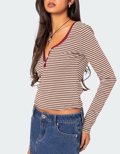 Load image into Gallery viewer, Buttoned Striped Long Sleeve T-Shirt
