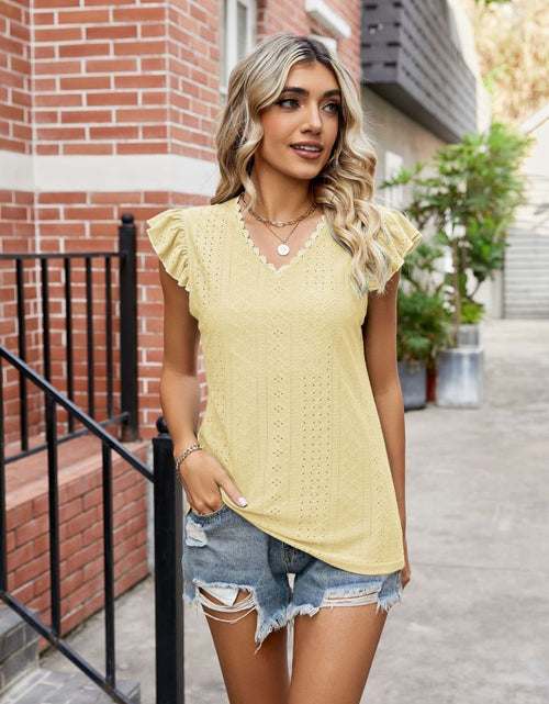 Load image into Gallery viewer, Eyelet Flutter Sleeve Scalloped V-Neck Top
