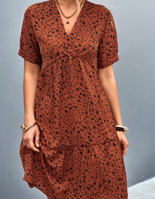 Load image into Gallery viewer, Ditsy Floral Empire Waist Plunge Short Sleeve Dress
